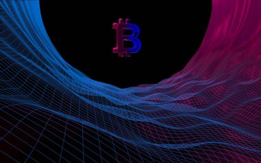 Soyut karanlık arka planda dijital para birimi sembolü Bitcoin. Kripto para piyasasının büyümesi. İş, finans ve teknoloji konsepti. 3d illüstrasyon