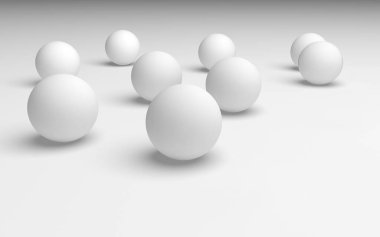 Beyaz soyut arka plan. Beyaz toplar beyaz arka planda izole edilmiş. 3B illüstrasyon