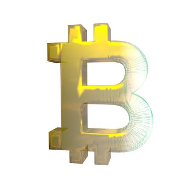 Bitcoin işareti, yeşil şebeke beyaz arka planda altına dönüşür. 3B illüstrasyon