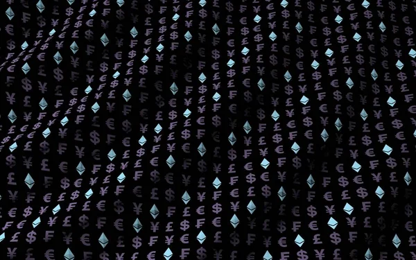Ethereum kristal ve para karanlık bir arka plan üzerinde. Dijital kripto para birimi sembolü. İş konsepti. Piyasa Ekranı. 3d illüstrasyon