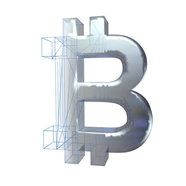 Bitcoin Sinal Platina Prata Transforma Uma Grade Azul Fundo Branco — Fotografia de Stock