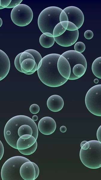 Dark background green mesh bubbles. Wallpaper, texture with bubble. 3D illustration