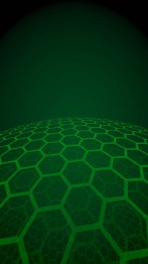 Çok katmanlı petek küresi, koyu arka planda yeşil, sosyal ağ, bilgisayar ağı, teknoloji, küresel ağ. 3d illüstrasyon