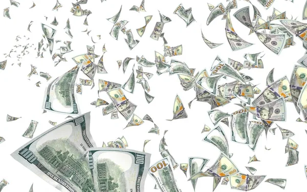 Notas Dólares Voadores Isoladas Fundo Branco Dinheiro Está Voar 100 — Fotografia de Stock