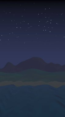 Yıldızlı aysız gökyüzü. Sahilde dalgalarla okyanus kıyısı. Dalgalar ile Ada plaj cenneti. Tatil, yaz, rahatlama. Deniz manzarası, deniz kıyısı. Minimalist manzara, ilkellik. 3d illüstrasyon