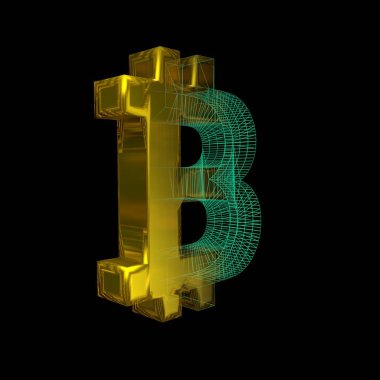 Bitcoin işareti, yeşil şebeke siyah arka planda altına dönüşür. 3B illüstrasyon