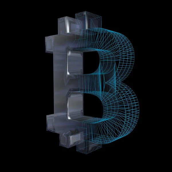 ビットコイン記号 プラチナまたはシルバーは 黒の背景に青いグリッドに変わります 3Dイラスト — ストック写真