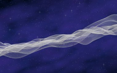 Soyut mor-mavi yıldız arkaplanı. Beyaz siber uzay şebekesi. Merhaba teknoloji ağı. Uzay boşluğu. Yıldızlı uzay dokusu. Derin uzay. Evren. 3B illüstrasyon