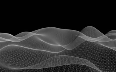 Siyah arka plan üzerinde soyut gri manzara. Siber uzay şebekesi. merhaba teknoloji ağı. 3d teknoloji illüstrasyon. Alan derinliği. 3d illüstrasyon