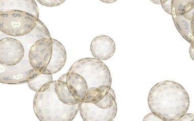 Bitcoin ekonomik mali balonu. kripto para birimi 3d illüstrasyon. İş konsepti. Beyaz arka planda altın kabarcıklar. Bit, Sikke, madencilik kavramı