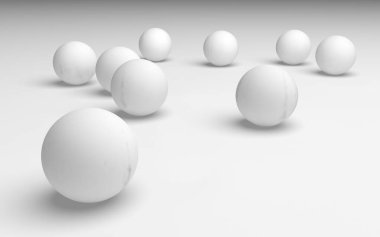 Beyaz soyut arka plan. Beyaz toplar beyaz arka planda izole edilmiş. 3B illüstrasyon