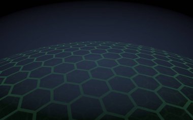 Çok katmanlı petek küresi, siyah arka planda mavi, sosyal ağ, bilgisayar ağı, teknoloji, küresel ağ. 3d illüstrasyon