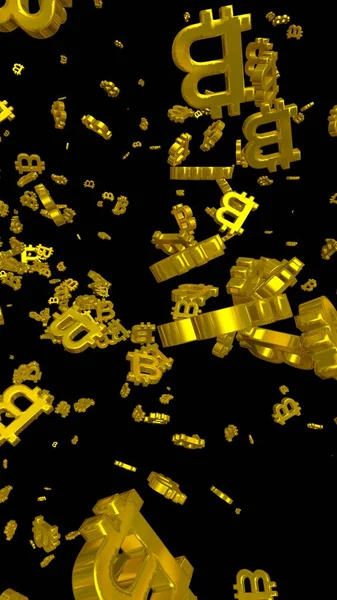 暗黒の背景にデジタル通貨記号Bitcoin ビットコインの落下 仮想画面上の暗号通貨グラフ ビジネス テクノロジーの概念 3Dイラスト — ストック写真