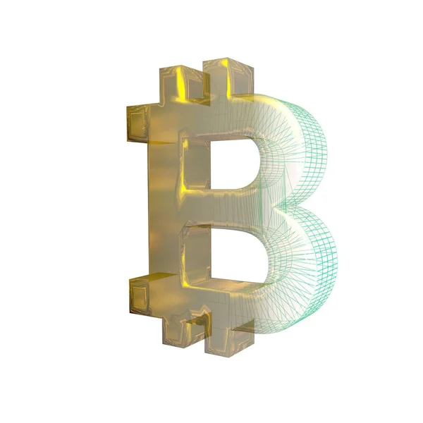 Bitcoin Znak Zielona Siatka Zamienia Się Złoto Białym Tle Ilustracja — Zdjęcie stockowe