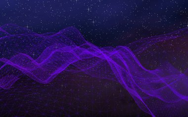 Karanlık bir arka planda soyut ultraviyole manzara. Mor siber uzay şebekesi. Merhaba teknoloji ağı. Uzay boşluğu. Mor yıldızlı uzay dokusu. 3B illüstrasyon