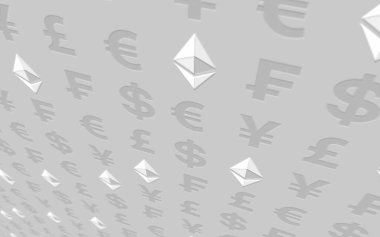 Ethereum klasik ve para beyaz bir arka plan üzerinde. Dijital kripto para birimi sembolü. İş konsepti. Piyasa Ekranı. 3d illüstrasyon