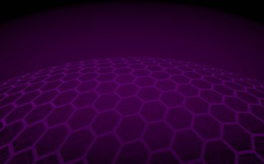 Çok katmanlı petek küresi, koyu arka planda mor, sosyal ağ, bilgisayar ağı, teknoloji, küresel ağ. 3d illüstrasyon