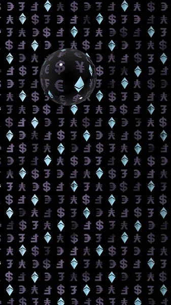 以之以他水晶和货币在黑暗的背景 数字加密货币符号 经营理念 市场展示 — 图库照片