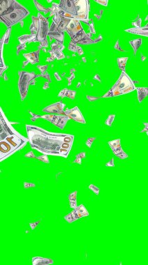 Kromakeyle izole edilmiş uçan dolar banknotları. Havada para uçuyor. 100 Amerikan doları yeni numune alıyor. Dikey oryantasyon. 3B illüstrasyon