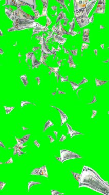 Kromakeyle izole edilmiş uçan dolar banknotları. Havada para uçuyor. 100 Amerikan doları yeni numune alıyor. Dikey oryantasyon. 3B illüstrasyon