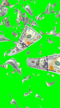 Kromakeyle izole edilmiş uçan dolar banknotları. Havada para uçuyor. 100 Amerikan doları yeni numune alıyor. Dikey oryantasyon. 3B illüstrasyon