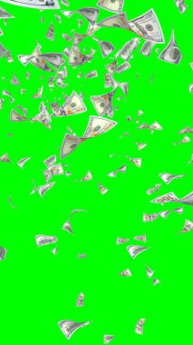 Kromakeyle izole edilmiş uçan dolar banknotları. Havada para uçuyor. 100 Amerikan doları yeni numune alıyor. Dikey oryantasyon. 3B illüstrasyon