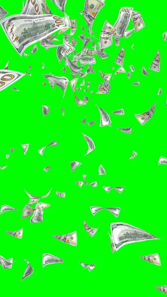 飘扬的美元钞票被铬钥匙隔开了 钱在空中飞扬 100美元钞票的新样本 垂直方向 3D插图 — 图库照片