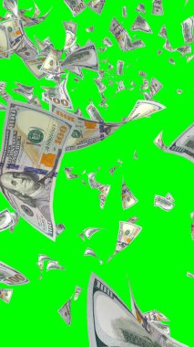 Kromakeyle izole edilmiş uçan dolar banknotları. Havada para uçuyor. 100 Amerikan doları yeni numune alıyor. Dikey oryantasyon. 3B illüstrasyon