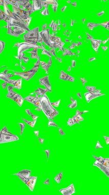 Kromakeyle izole edilmiş uçan dolar banknotları. Havada para uçuyor. 100 Amerikan doları yeni numune alıyor. Dikey oryantasyon. 3B illüstrasyon