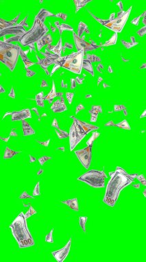 Kromakeyle izole edilmiş uçan dolar banknotları. Havada para uçuyor. 100 Amerikan doları yeni numune alıyor. Dikey oryantasyon. 3B illüstrasyon