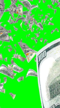 Kromakeyle izole edilmiş uçan dolar banknotları. Havada para uçuyor. 100 Amerikan doları yeni numune alıyor. Dikey oryantasyon. 3B illüstrasyon
