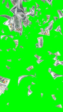 Kromakeyle izole edilmiş uçan dolar banknotları. Havada para uçuyor. 100 Amerikan doları yeni numune alıyor. Dikey oryantasyon. 3B illüstrasyon