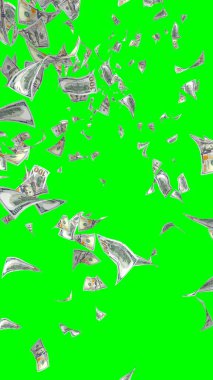 Kromakeyle izole edilmiş uçan dolar banknotları. Havada para uçuyor. 100 Amerikan doları yeni numune alıyor. Dikey oryantasyon. 3B illüstrasyon