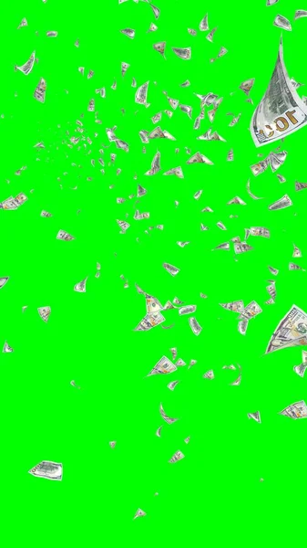 クロマキーで孤立したドル紙幣を飛んでいる お金が空を飛んでいる 100米国の銀行券の新しいサンプル 垂直方向 3Dイラスト — ストック写真