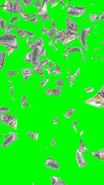 Flying dollars banknotes isolated on chromakey. Money is flying in the air. 100 US banknotes new sample. Vertical orientation. 3D illustration