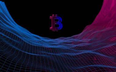 Soyut karanlık arka planda dijital para birimi sembolü Bitcoin. Kripto para piyasasının büyümesi. İş, finans ve teknoloji konsepti. 3d illüstrasyon