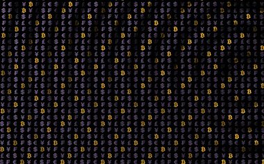 Bitcoin ve para birimi karanlık bir arkaplanda. Dijital kripto para birimi sembolü. Dalga etkisi, döviz piyasası dalgalanmaları. İş konsepti. 3B illüstrasyon