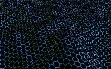 Petek mavi dalga etkisi koyu bir arka plan üzerinde. Çokgen in perspektif görünümü petek gibi görünüyor. Biyometrik geometri. 3d illüstrasyon