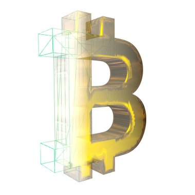 Bitcoin işareti, yeşil şebeke beyaz arka planda altına dönüşür. 3B illüstrasyon