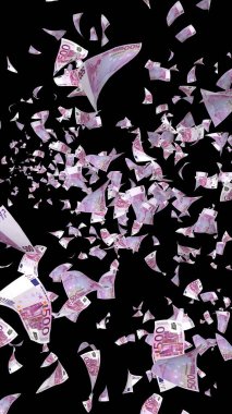 Uçan euro banknotlar karanlık bir arka plan üzerinde izole. Havada para uçuşuyor. 500 Euro renkli. 3d illüstrasyon