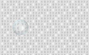Gri arka planda Bitcoin ve para birimi. Dijital kripto para birimi sembolü. İş konsepti. Piyasa görüntüsü. 3B illüstrasyon