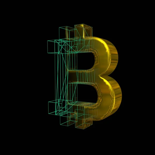 Signo Bitcoin Cuadrícula Verde Convierte Oro Sobre Fondo Negro Ilustración — Foto de Stock
