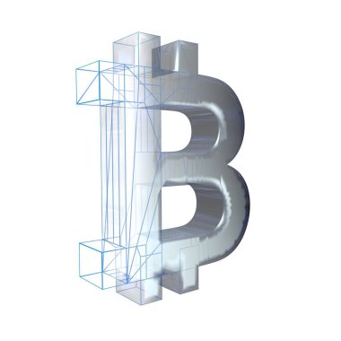 Bitcoin işareti, platin veya gümüş beyaz bir arka plan üzerinde mavi bir ızgara dönüşür. 3d illüstrasyon