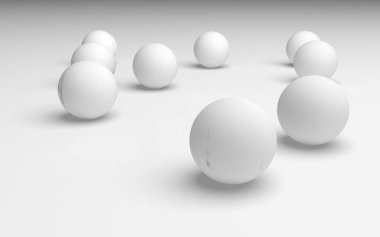 Beyaz soyut arka plan. Beyaz toplar beyaz arka planda izole edilmiş. 3B illüstrasyon