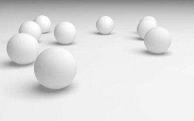 Beyaz soyut arka plan. Beyaz toplar beyaz arka planda izole edilmiş. 3B illüstrasyon