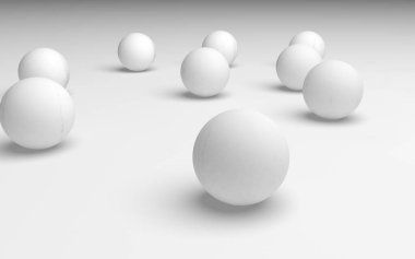 Beyaz soyut arka plan. Beyaz toplar beyaz arka planda izole edilmiş. 3B illüstrasyon