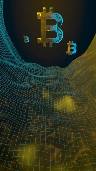 Soyut karanlık arka planda dijital para birimi, altın sembolü Bitcoin. Kripto para piyasasının büyümesi. İş, finans ve teknoloji konsepti. 3d illüstrasyon