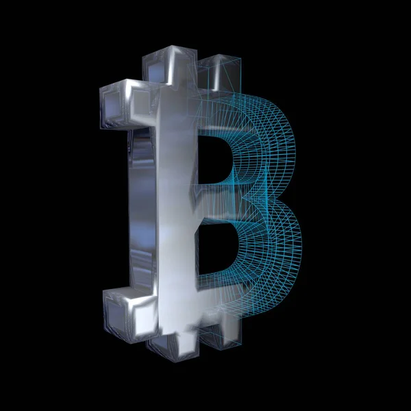 Bitcoin Sinal Platina Prata Transforma Uma Grade Azul Fundo Preto — Fotografia de Stock