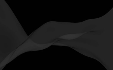 Siyah soyut arka plan. Kanat çırpan siyah eşarp. Rüzgâr siyah kumaşında sallanıyor. 3B illüstrasyon