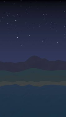 Yıldızlı aysız gökyüzü. Sahilde dalgalarla okyanus kıyısı. Dalgalar ile Ada plaj cenneti. Tatil, yaz, rahatlama. Deniz manzarası, deniz kıyısı. Minimalist manzara, ilkellik. 3d illüstrasyon